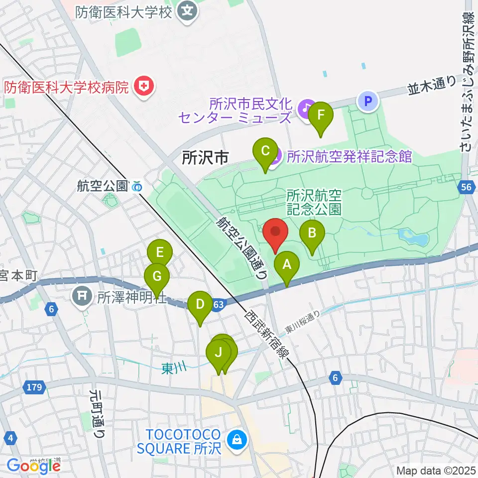所沢航空記念公園野球場周辺のファミレス・ファーストフード一覧地図
