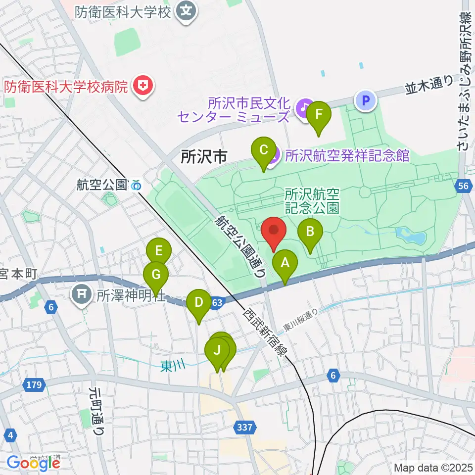 所沢航空記念公園野球場周辺のファミレス・ファーストフード一覧地図