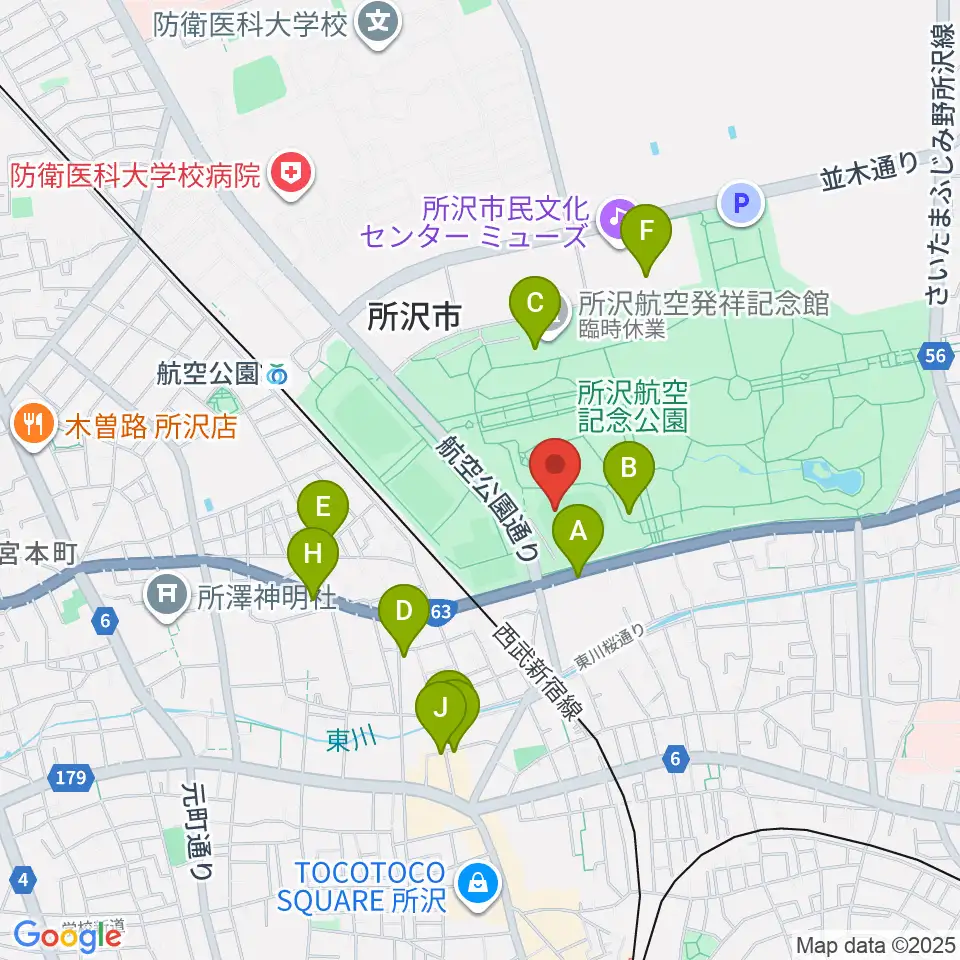 所沢航空記念公園野球場周辺のファミレス・ファーストフード一覧地図