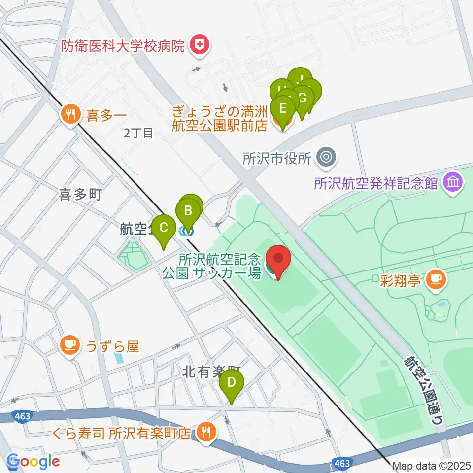 所沢航空記念公園運動場周辺のファミレス・ファーストフード一覧地図