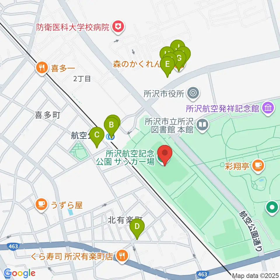 所沢航空記念公園運動場周辺のファミレス・ファーストフード一覧地図