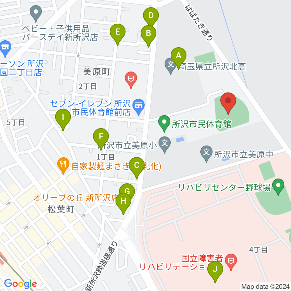 所沢市総合運動場野球場周辺のファミレス・ファーストフード一覧地図