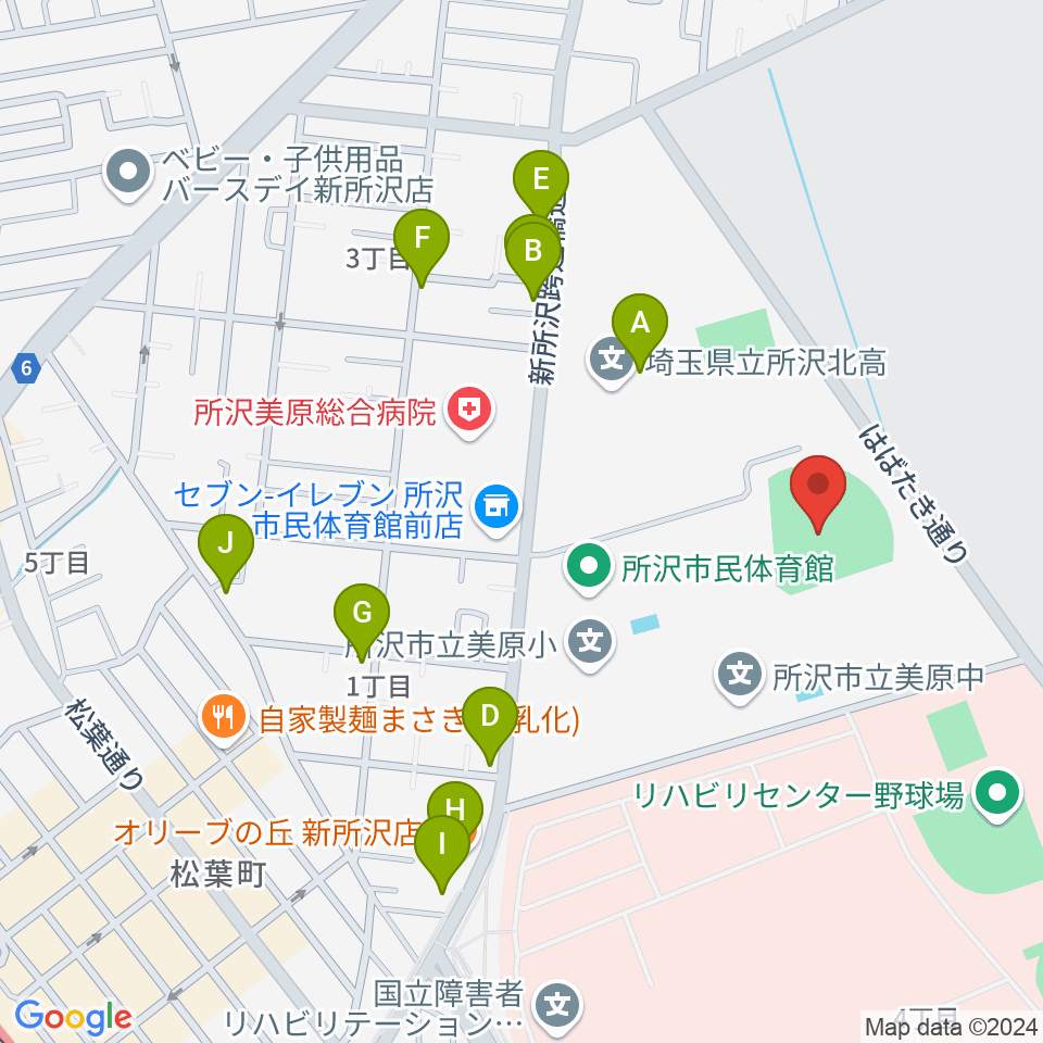 所沢市総合運動場野球場周辺のファミレス・ファーストフード一覧地図