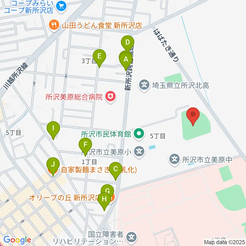 所沢市総合運動場野球場周辺のファミレス・ファーストフード一覧地図