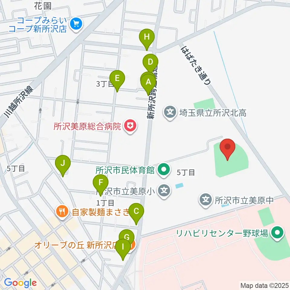 所沢市総合運動場野球場周辺のファミレス・ファーストフード一覧地図