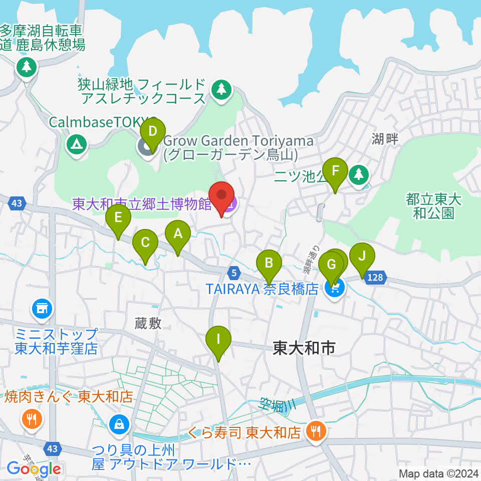 東大和市立郷土博物館周辺のファミレス・ファーストフード一覧地図