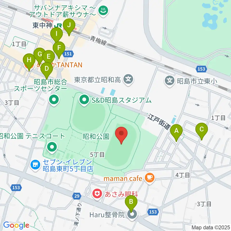 昭和公園陸上競技場周辺のファミレス・ファーストフード一覧地図