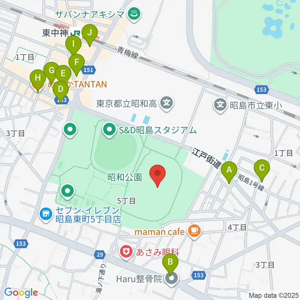 昭和公園陸上競技場周辺のファミレス・ファーストフード一覧地図