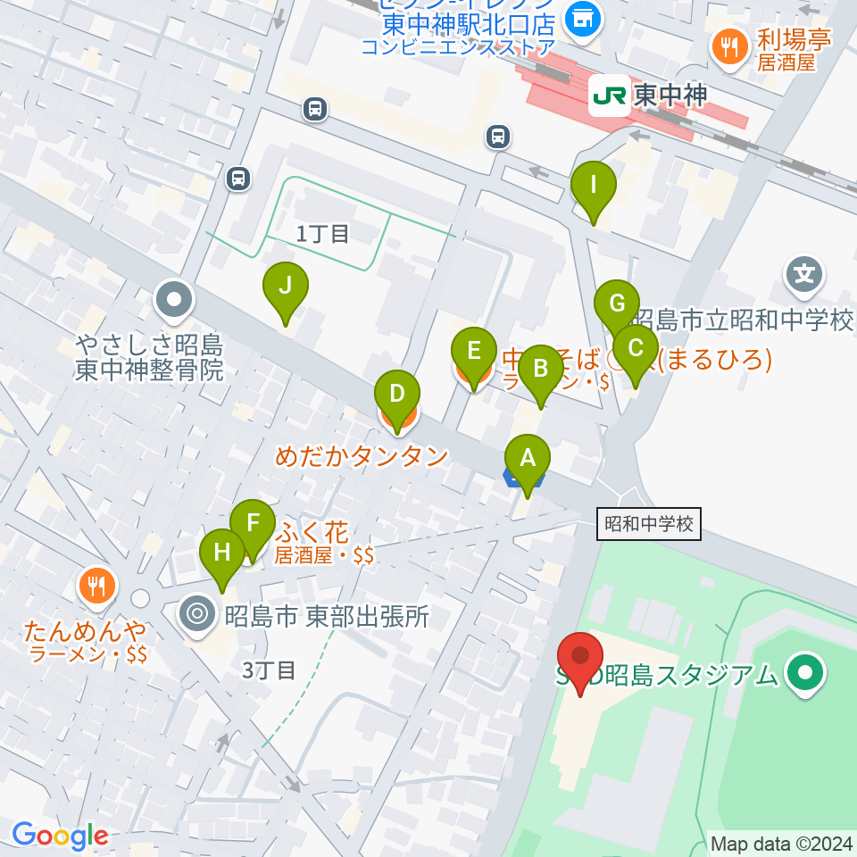 昭島市総合スポーツセンター周辺のファミレス・ファーストフード一覧地図