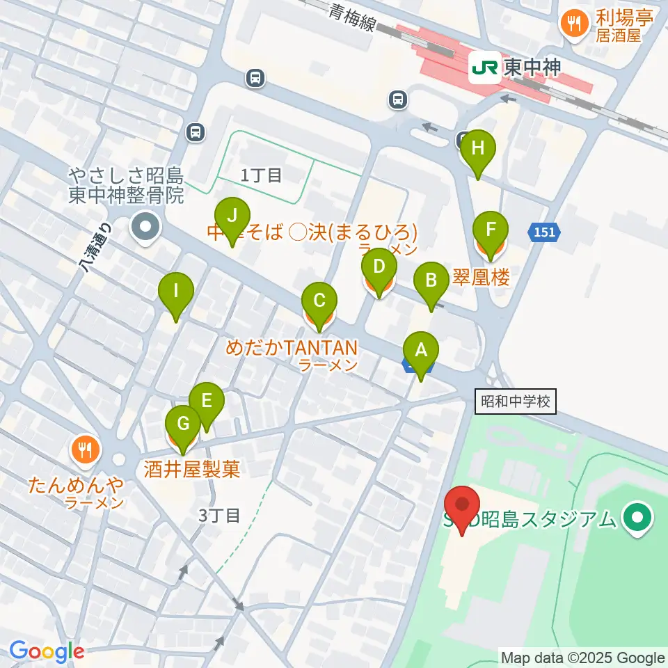 昭島市総合スポーツセンター周辺のファミレス・ファーストフード一覧地図