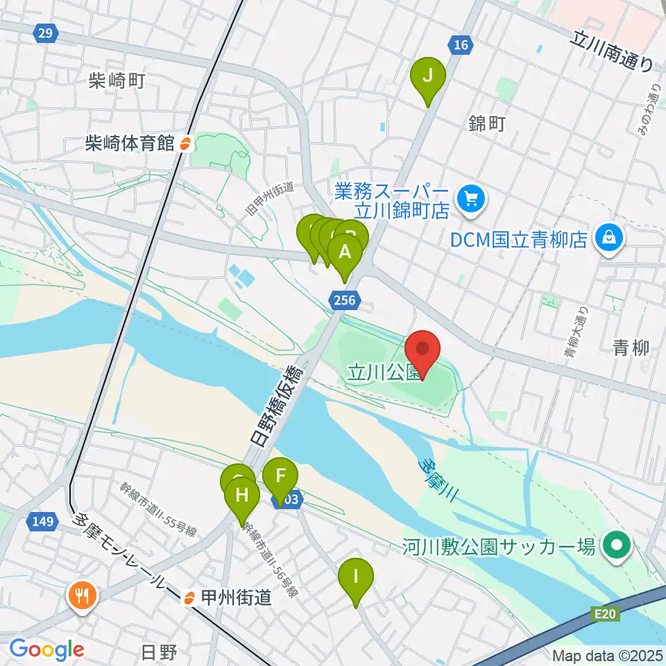 立川公園陸上競技場周辺のファミレス・ファーストフード一覧地図