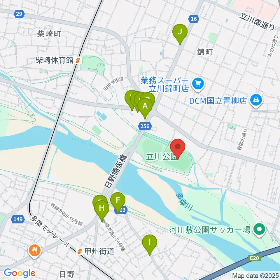 立川公園陸上競技場周辺のファミレス・ファーストフード一覧地図