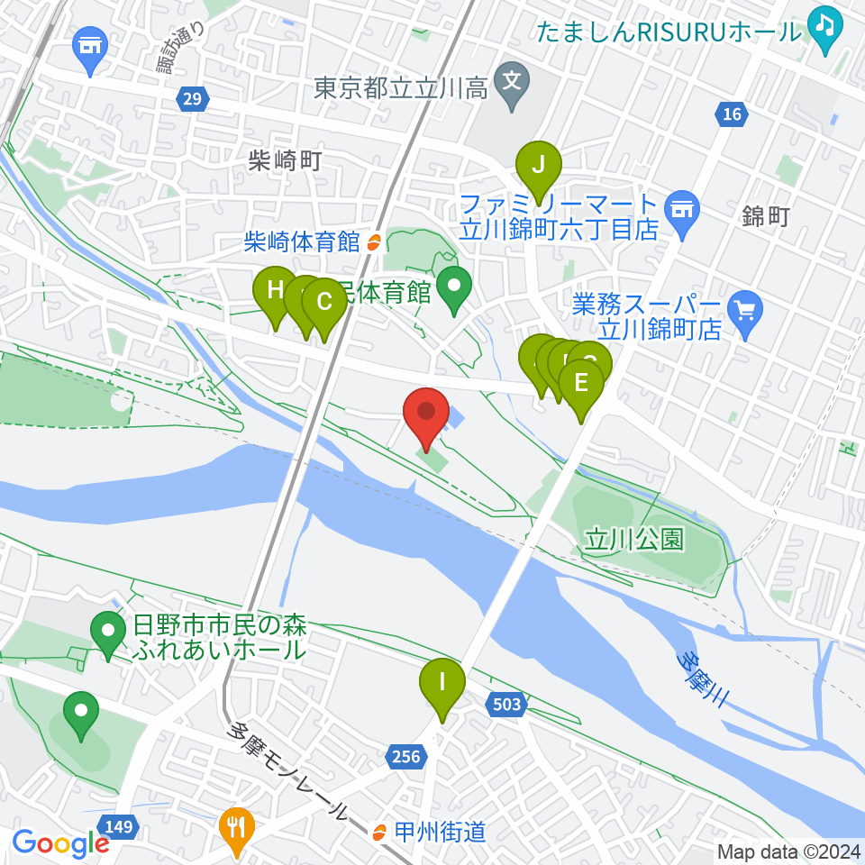 明治安田TACHIKAWAフィールド周辺のファミレス・ファーストフード一覧地図