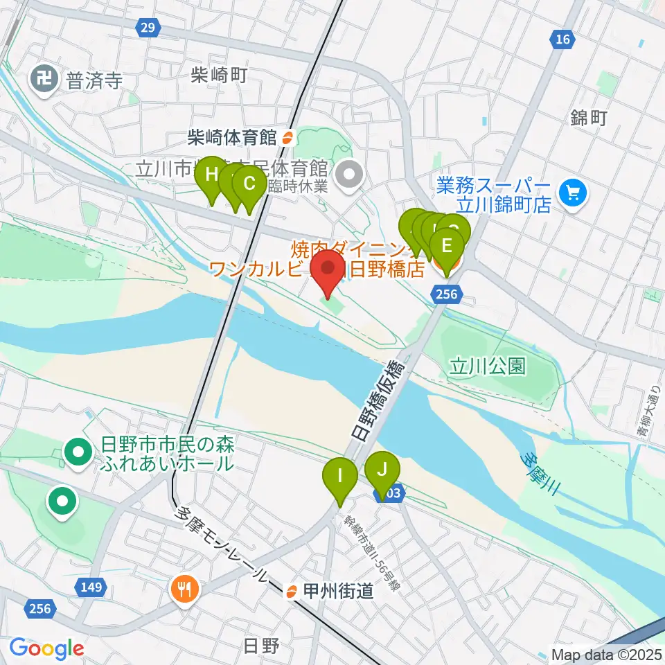 明治安田TACHIKAWAフィールド周辺のファミレス・ファーストフード一覧地図