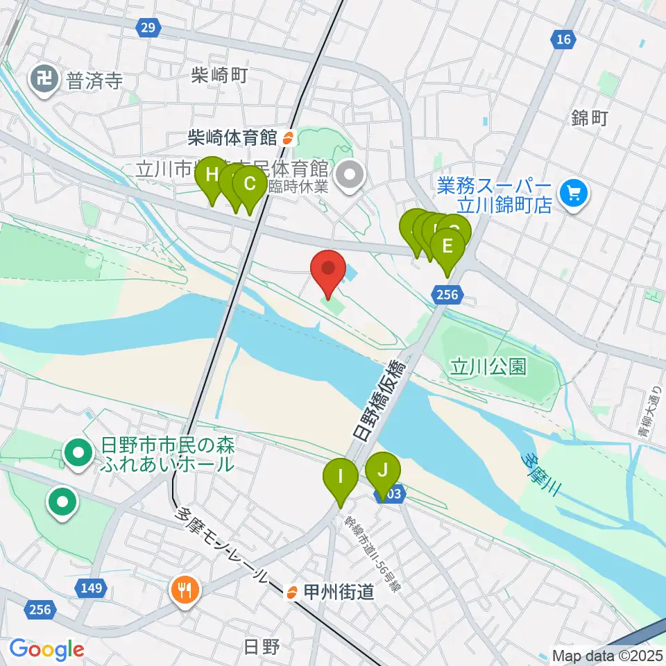明治安田TACHIKAWAフィールド周辺のファミレス・ファーストフード一覧地図