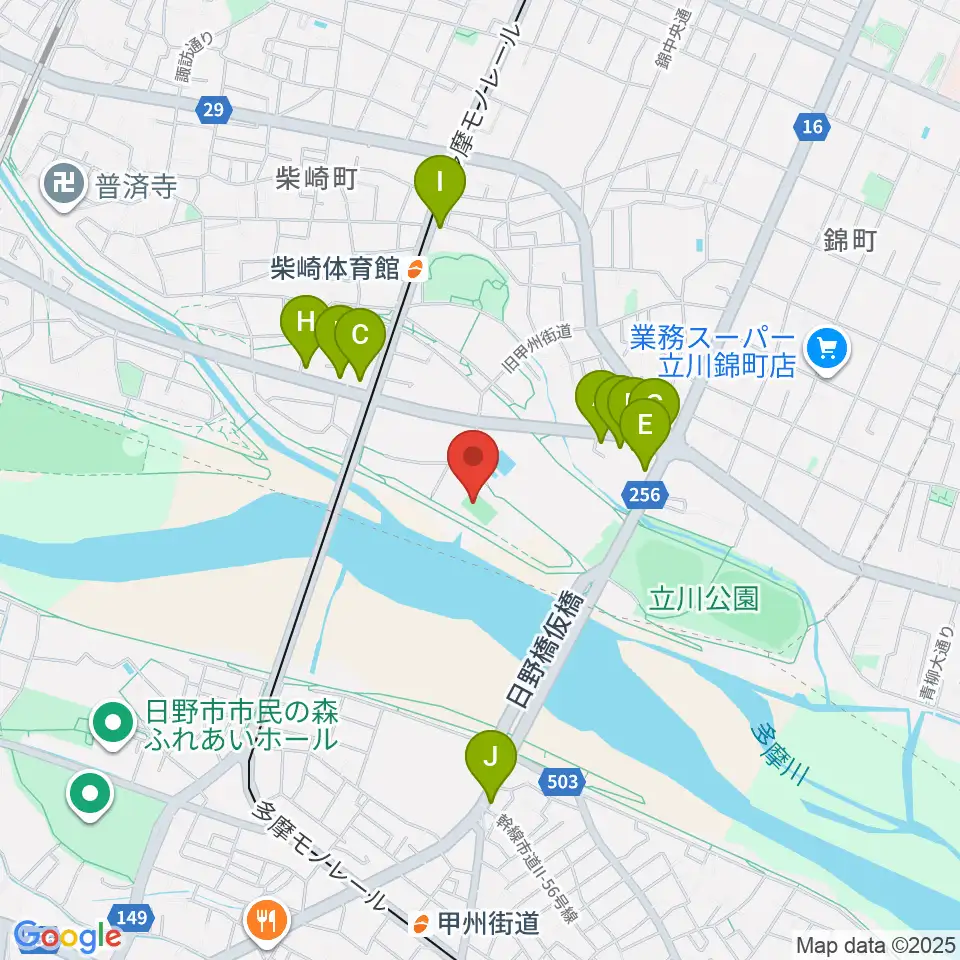 明治安田TACHIKAWAフィールド周辺のファミレス・ファーストフード一覧地図