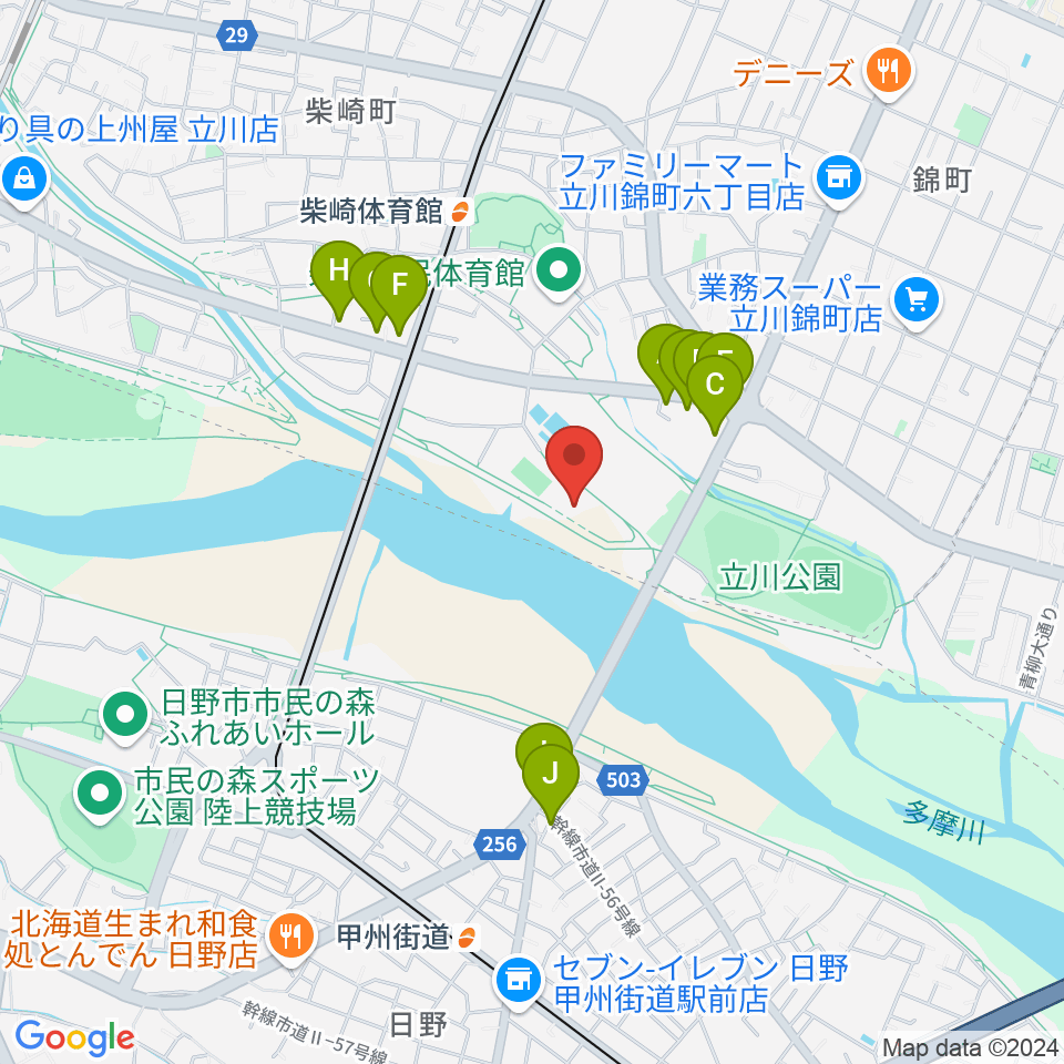 立川公園新堤防運動広場周辺のファミレス・ファーストフード一覧地図