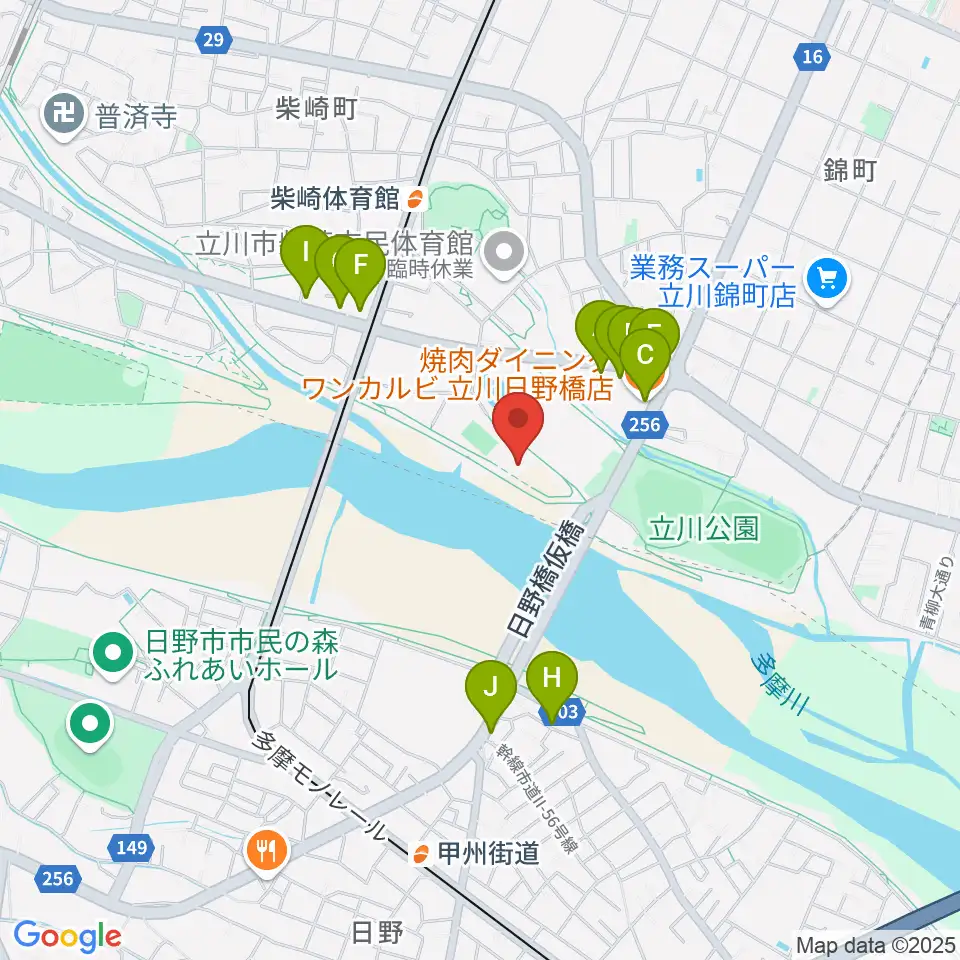 立川公園新堤防運動広場周辺のファミレス・ファーストフード一覧地図