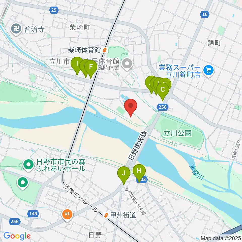 立川公園新堤防運動広場周辺のファミレス・ファーストフード一覧地図