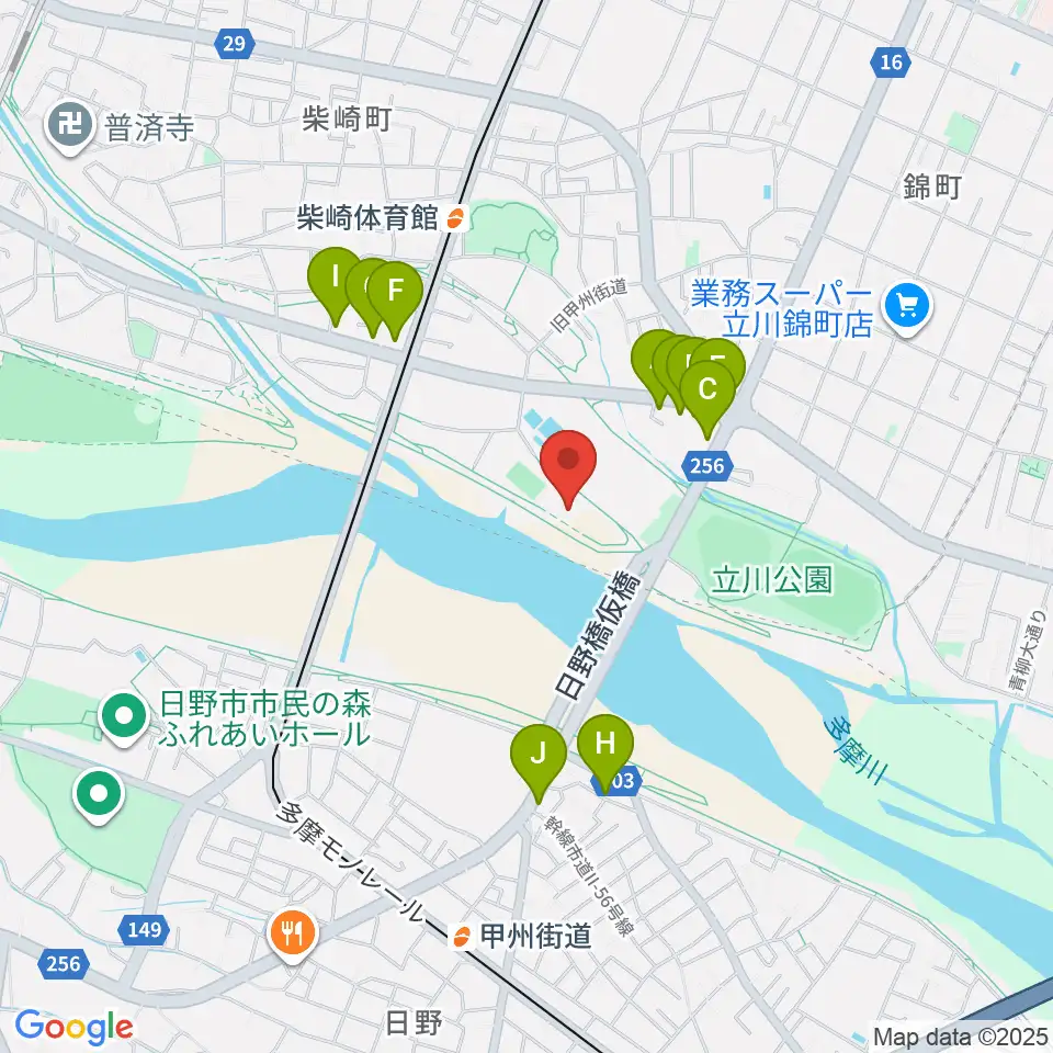 立川公園新堤防運動広場周辺のファミレス・ファーストフード一覧地図