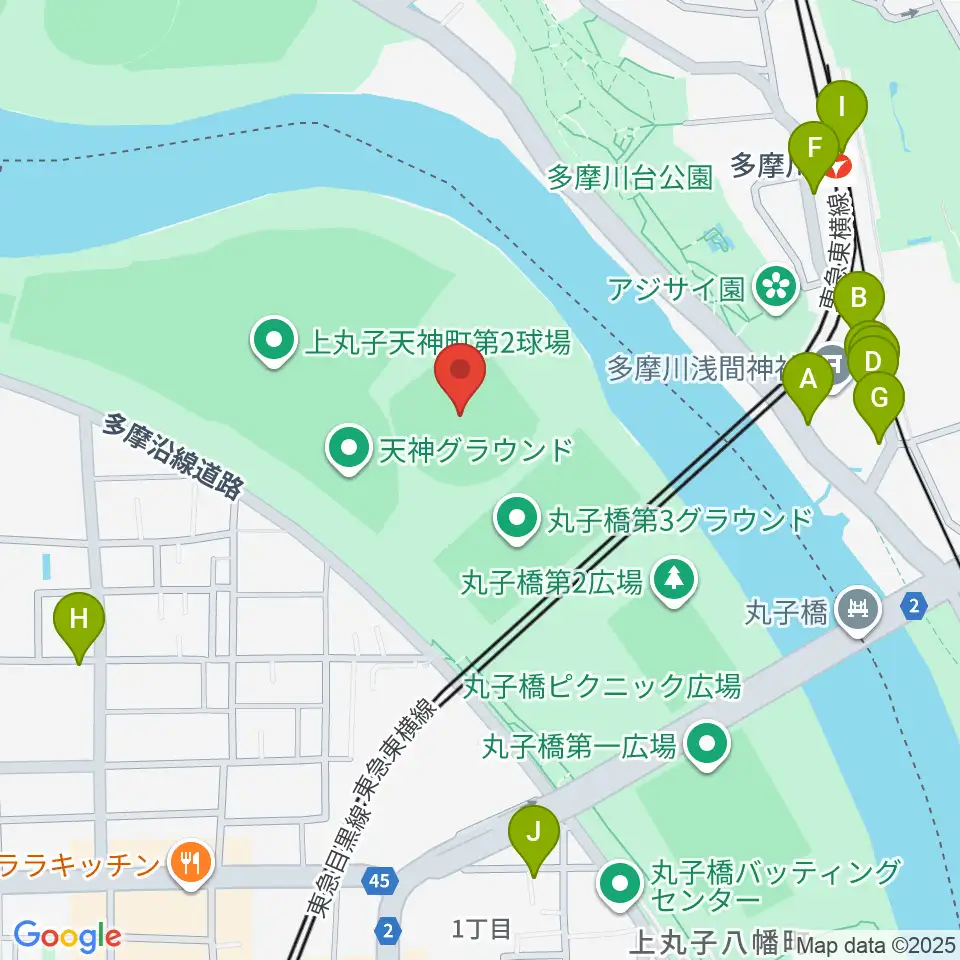 多摩川丸子橋硬式野球場周辺のファミレス・ファーストフード一覧地図