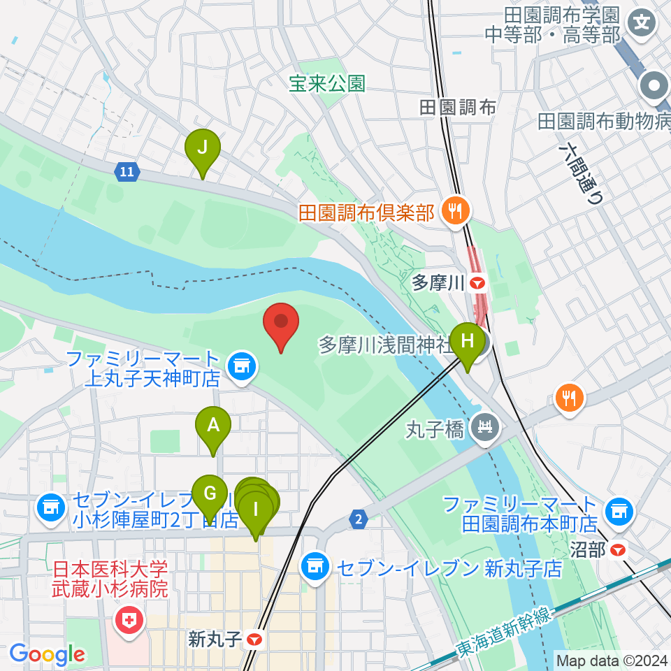 上丸子天神町野球場周辺のファミレス・ファーストフード一覧地図