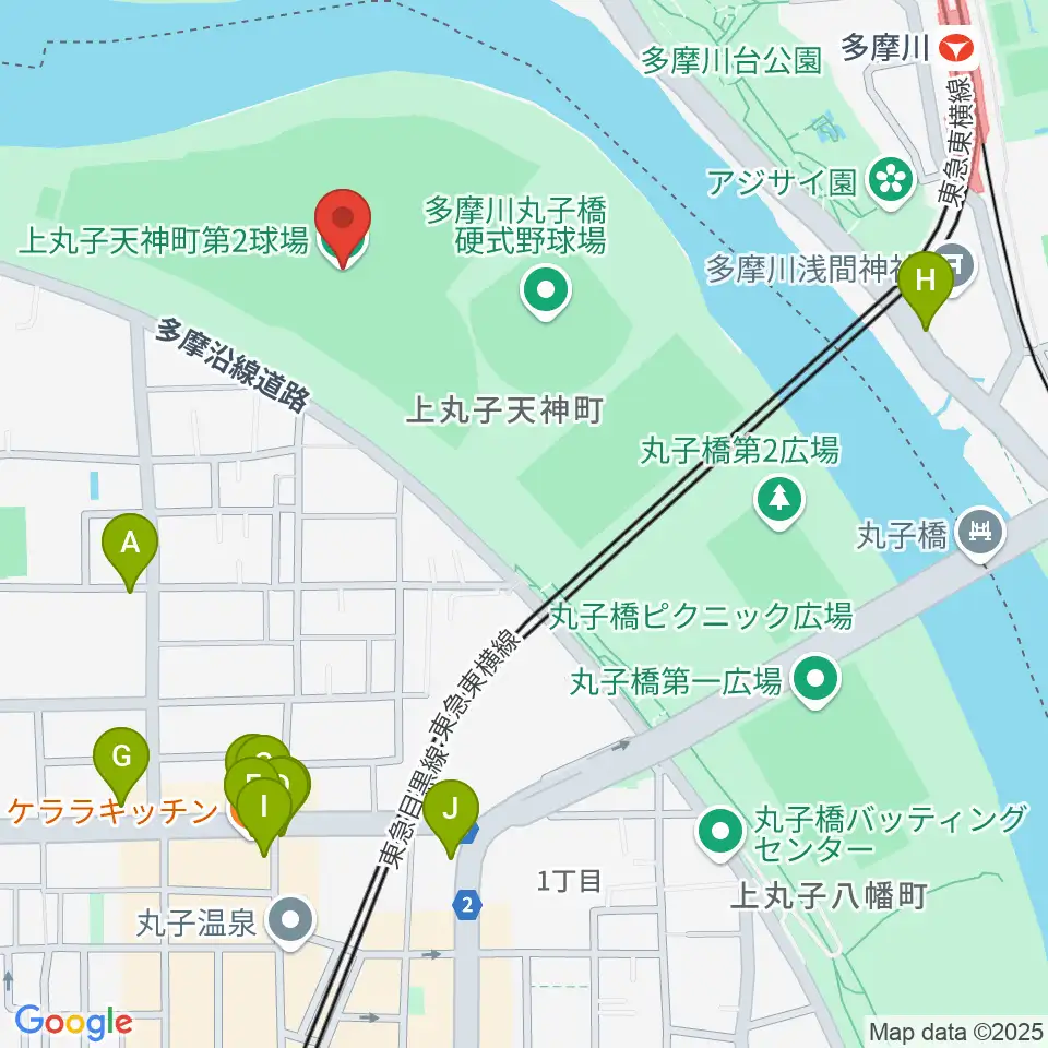 上丸子天神町野球場周辺のファミレス・ファーストフード一覧地図