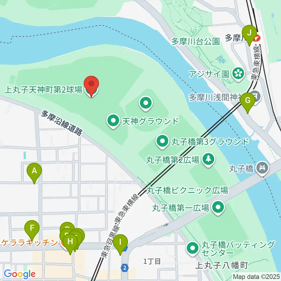 上丸子天神町野球場周辺のファミレス・ファーストフード一覧地図