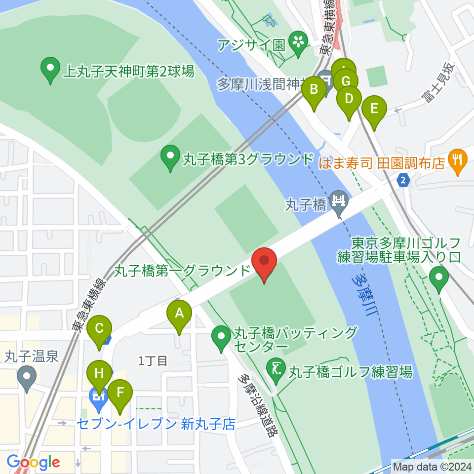 丸子橋運動場周辺のファミレス・ファーストフード一覧地図