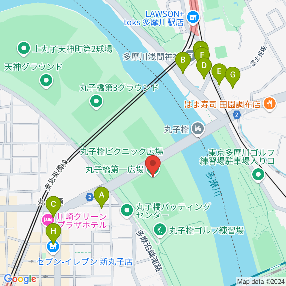 丸子橋運動場周辺のファミレス・ファーストフード一覧地図