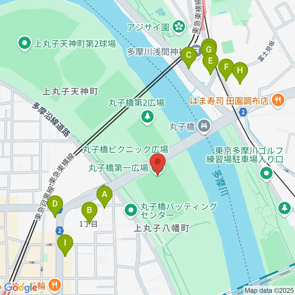 丸子橋運動場周辺のファミレス・ファーストフード一覧地図