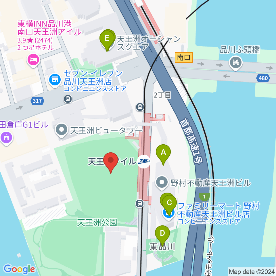 天王洲公園サッカー場周辺のファミレス・ファーストフード一覧地図