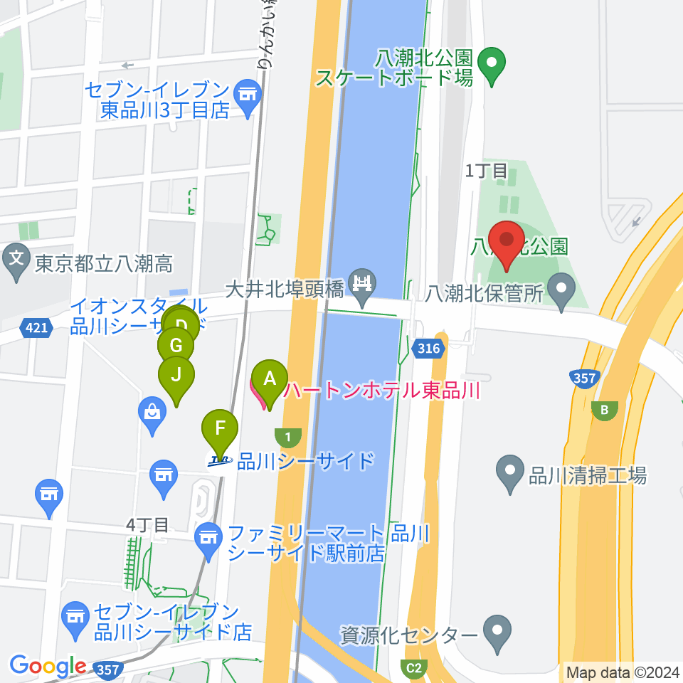 八潮北公園野球場周辺のファミレス・ファーストフード一覧地図