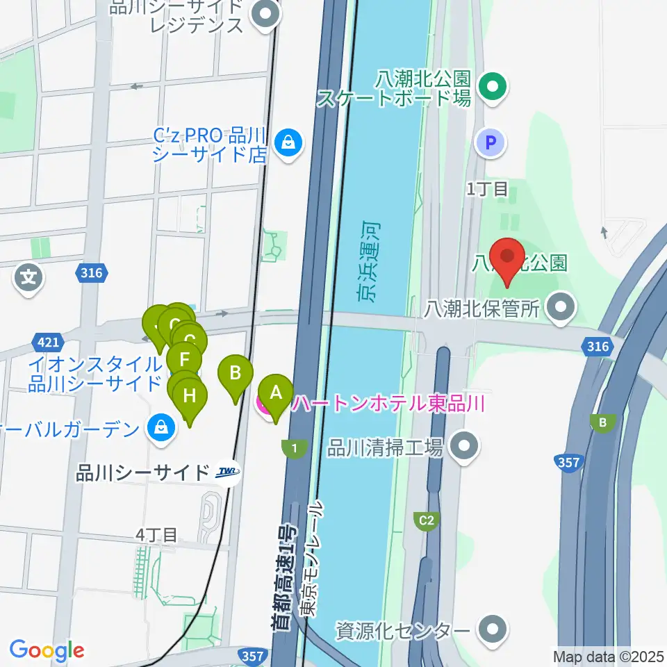 八潮北公園野球場周辺のファミレス・ファーストフード一覧地図