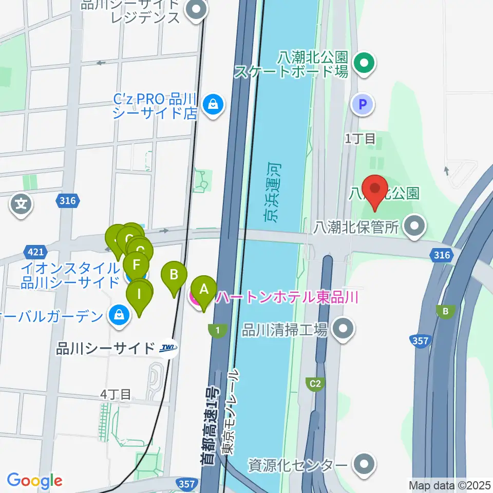 八潮北公園野球場周辺のファミレス・ファーストフード一覧地図