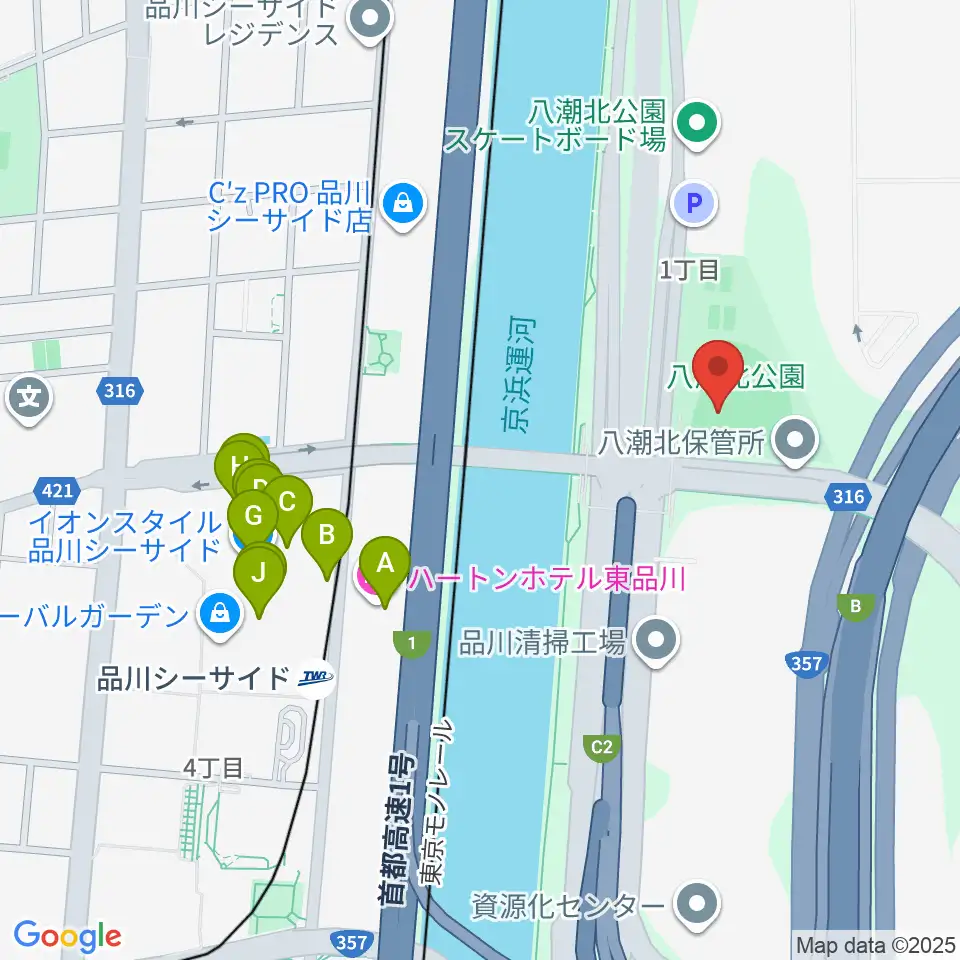 八潮北公園野球場周辺のファミレス・ファーストフード一覧地図