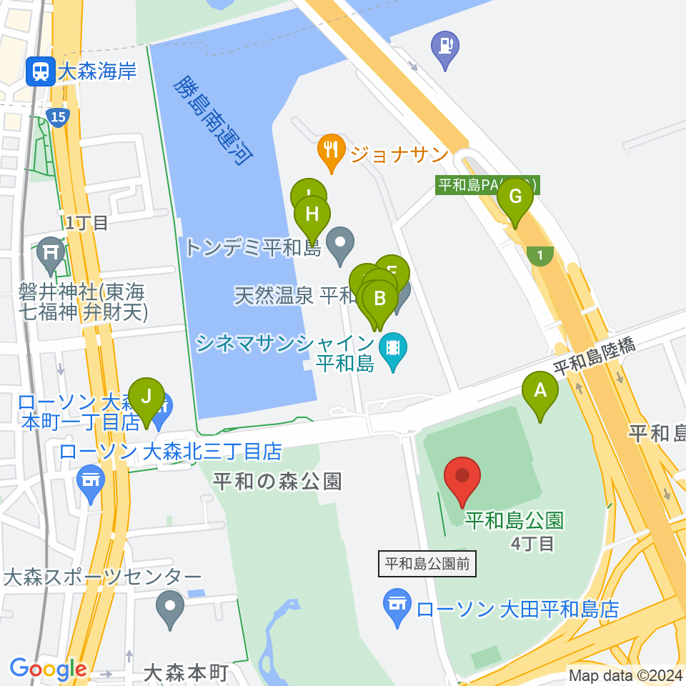 平和島公園野球場周辺のファミレス・ファーストフード一覧地図