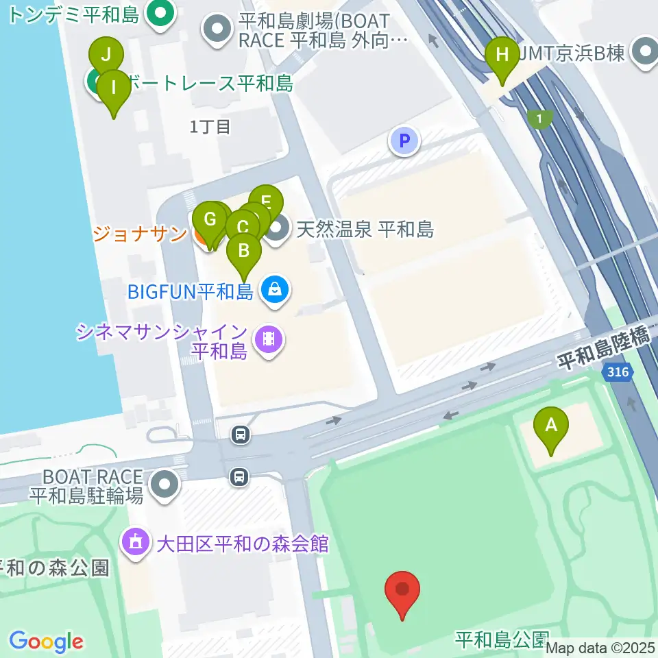 平和島公園野球場周辺のファミレス・ファーストフード一覧地図