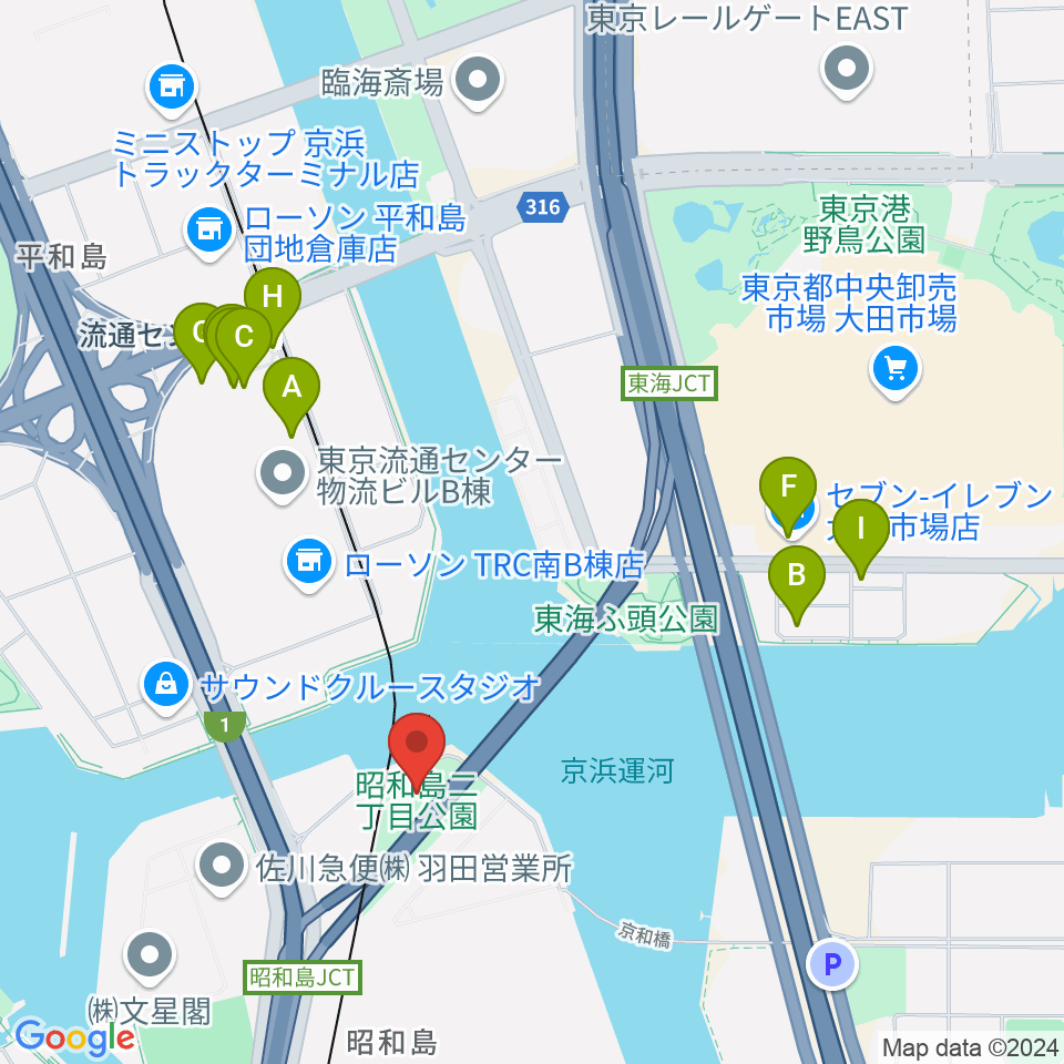 昭和島二丁目公園サッカー場周辺のファミレス・ファーストフード一覧地図