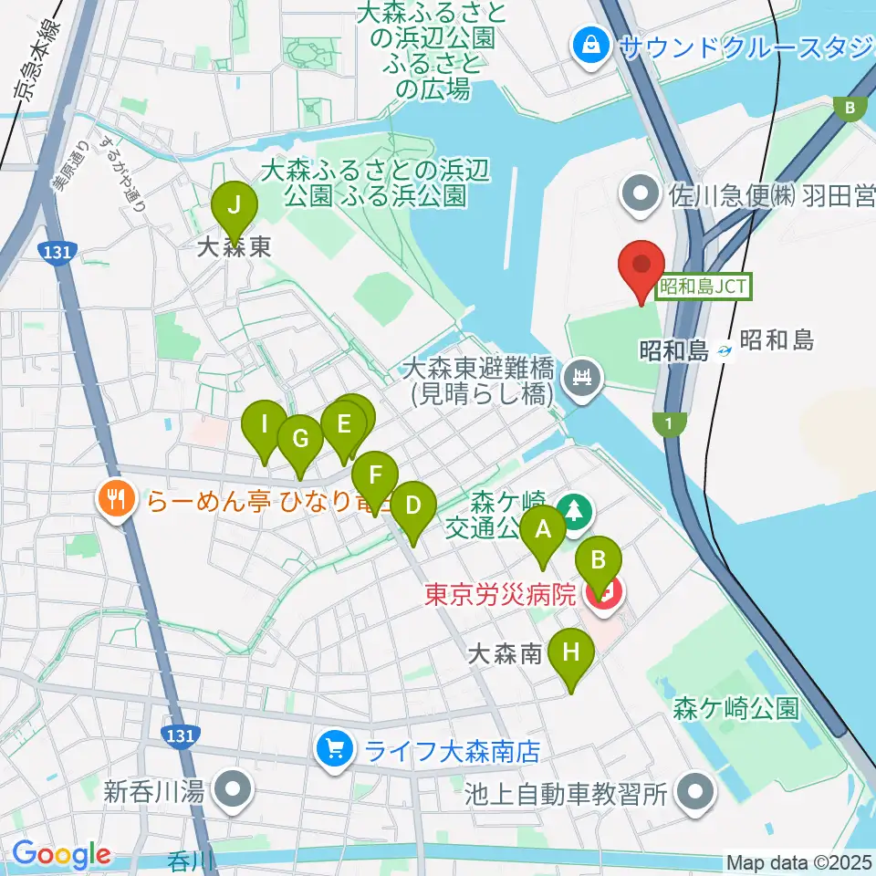 昭和島運動場野球場周辺のファミレス・ファーストフード一覧地図
