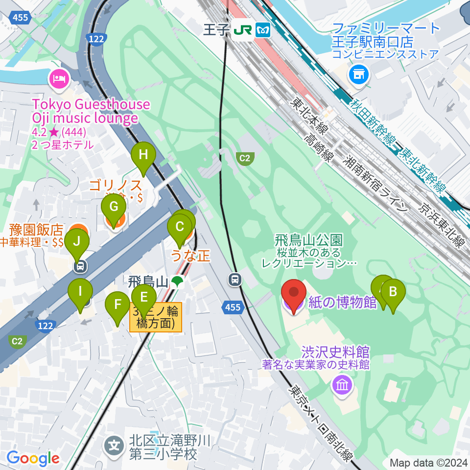 紙の博物館周辺のファミレス・ファーストフード一覧地図