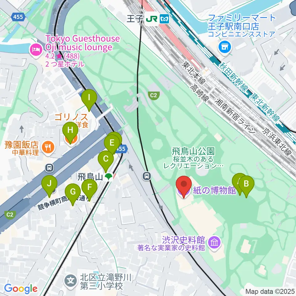 紙の博物館周辺のファミレス・ファーストフード一覧地図