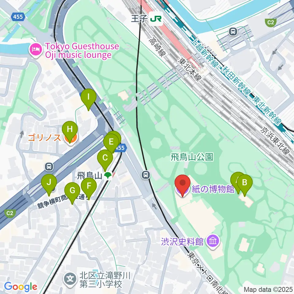 紙の博物館周辺のファミレス・ファーストフード一覧地図