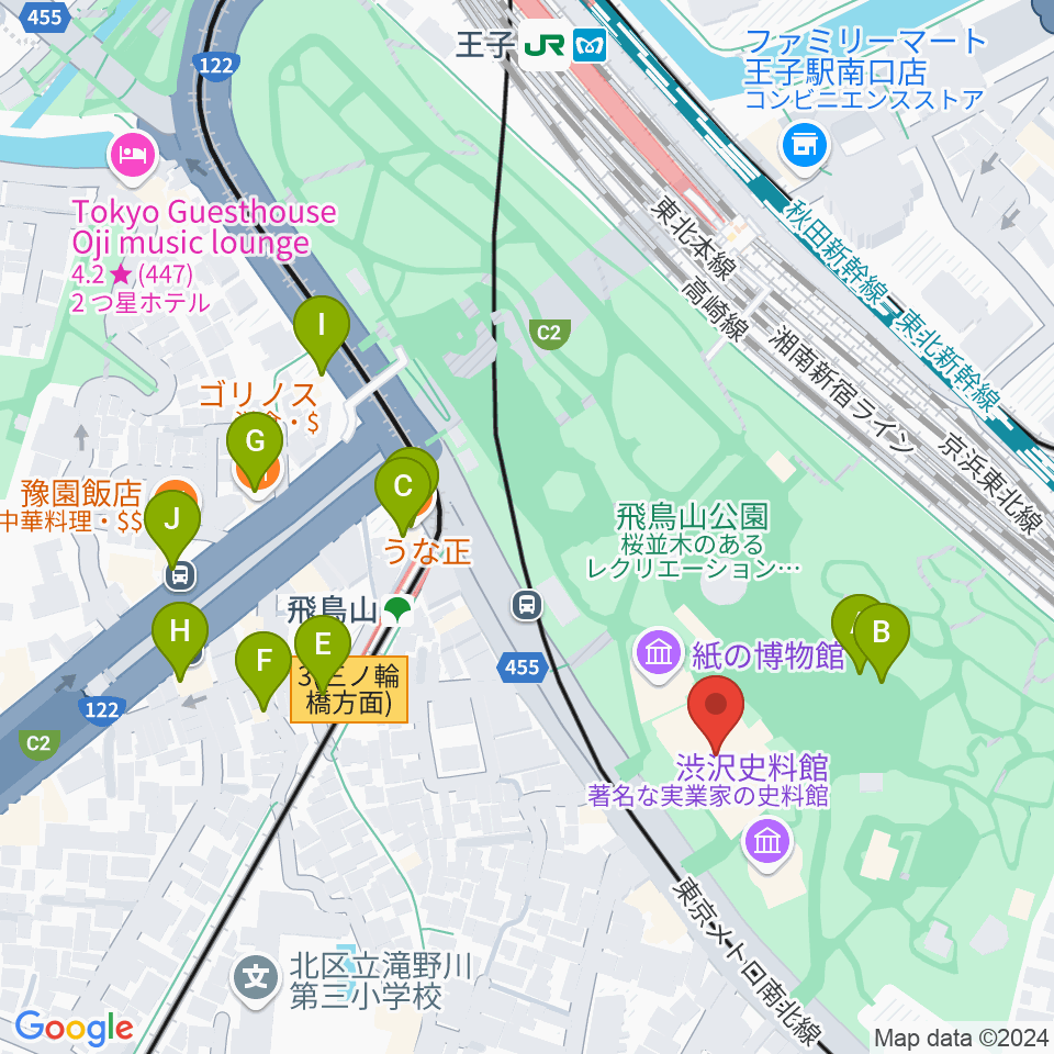 北区飛鳥山博物館周辺のファミレス・ファーストフード一覧地図