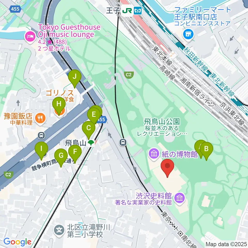 北区飛鳥山博物館周辺のファミレス・ファーストフード一覧地図