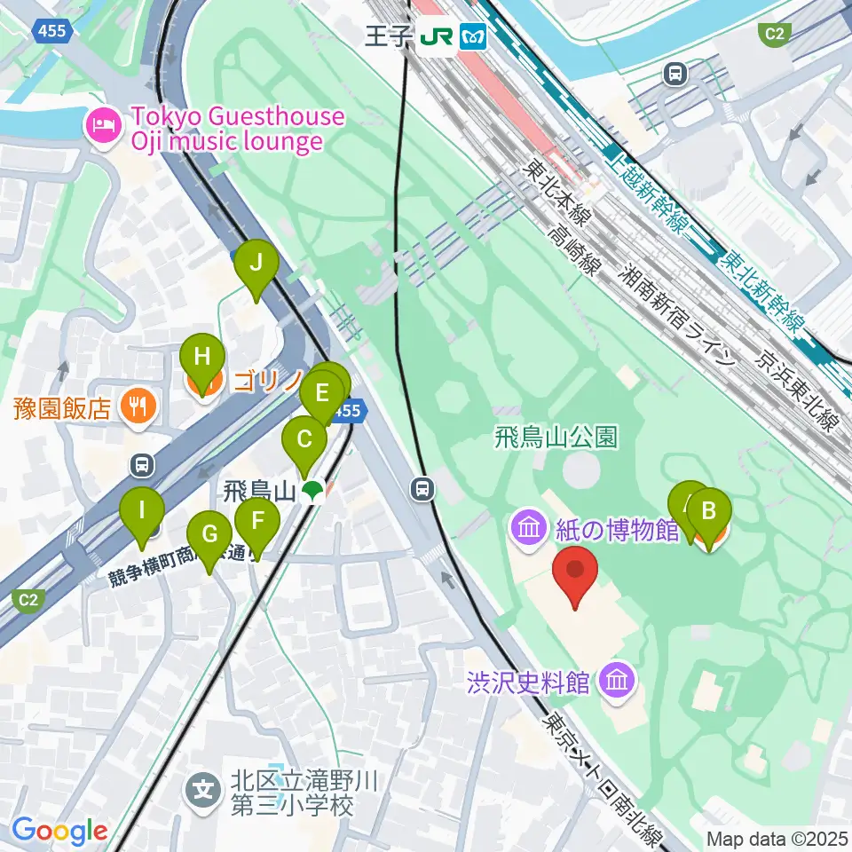 北区飛鳥山博物館周辺のファミレス・ファーストフード一覧地図