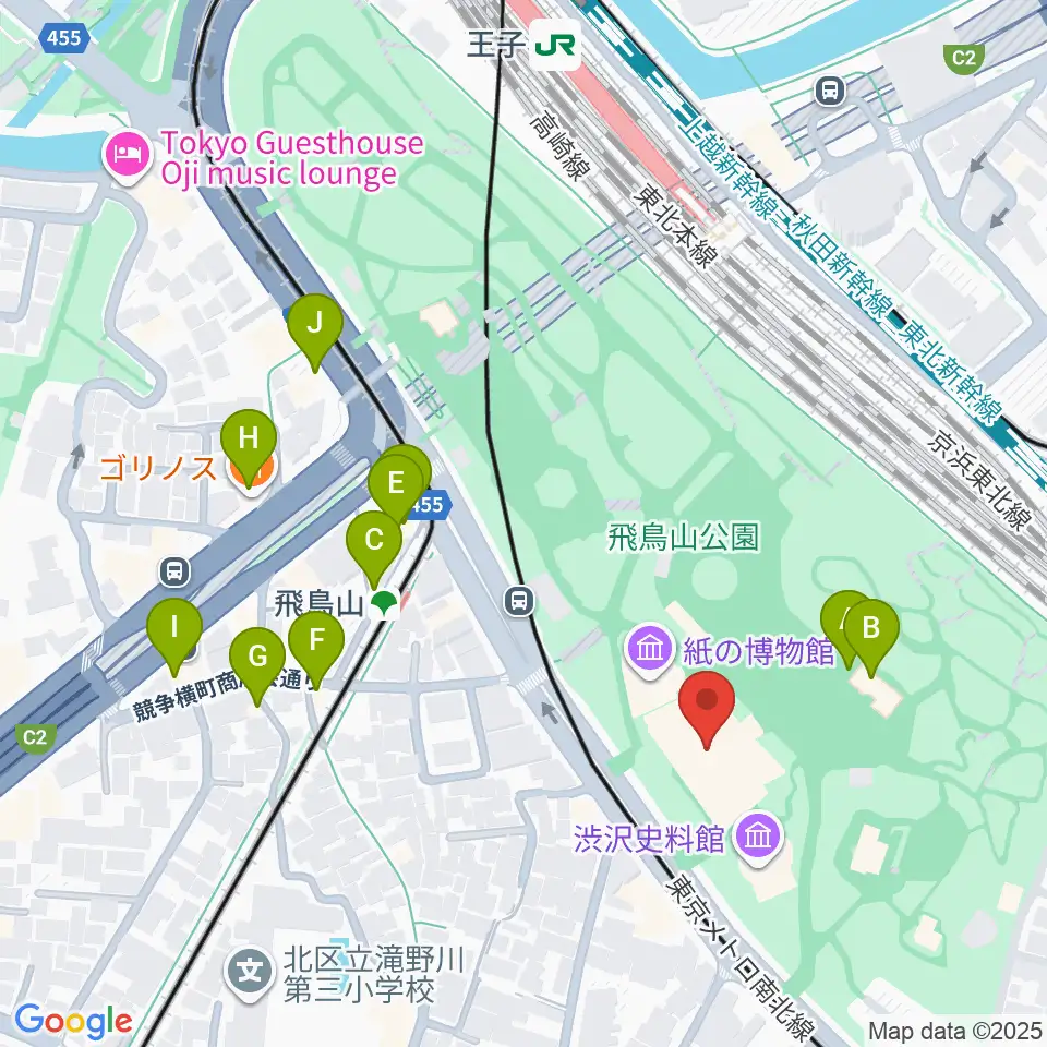 北区飛鳥山博物館周辺のファミレス・ファーストフード一覧地図