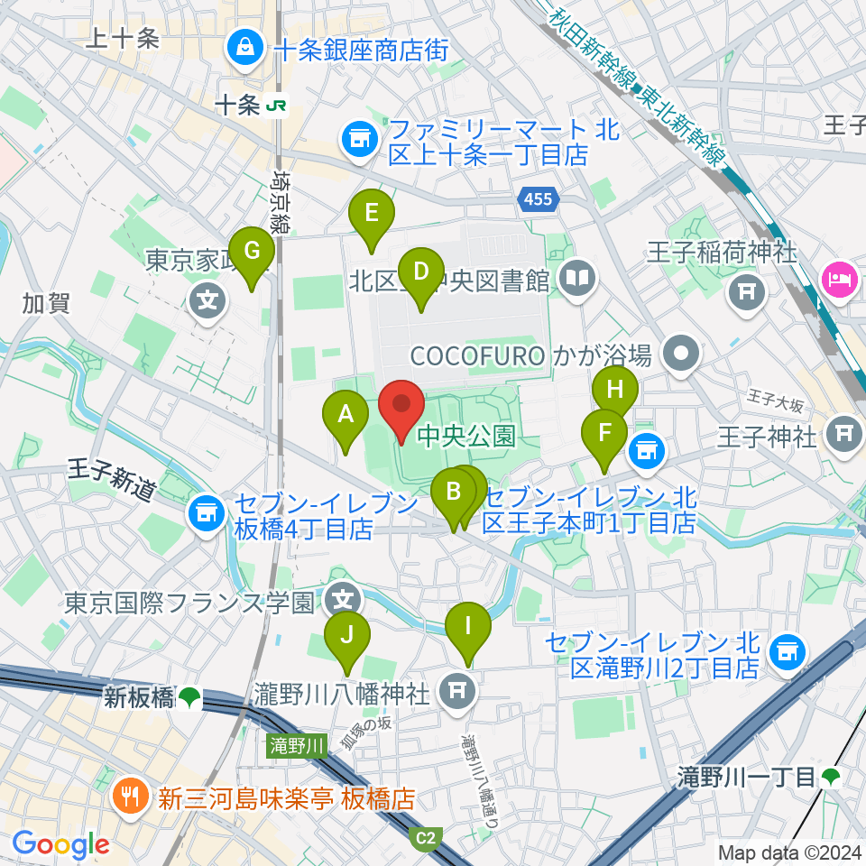 北区中央公園野球場周辺のファミレス・ファーストフード一覧地図