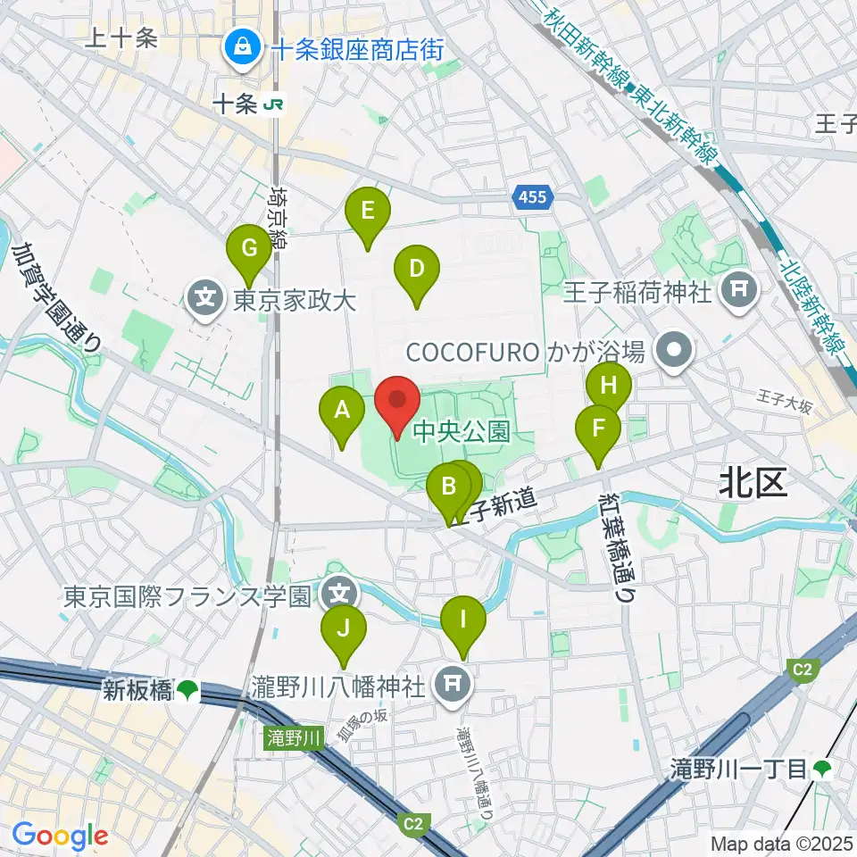 北区中央公園野球場周辺のファミレス・ファーストフード一覧地図