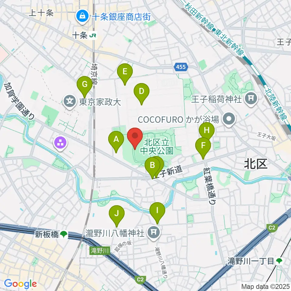 北区中央公園野球場周辺のファミレス・ファーストフード一覧地図